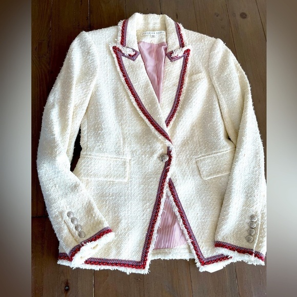 Veronica Beard Ivory Cream Cutaway Dickey Tweed Single Button Jacket Blazer - Picture 6 of 10